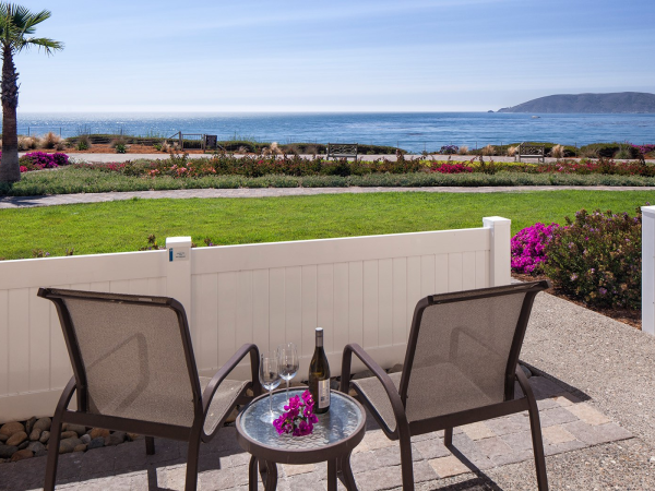 Two chairs face a sunny seaside view with a small round table holding a bottle and flowers, a green lawn, palm tree, and sparkling sea trail.