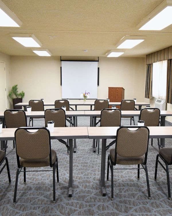 A bright meeting room with rows of chairs, tables, curtains, and a projector screen for presentations.